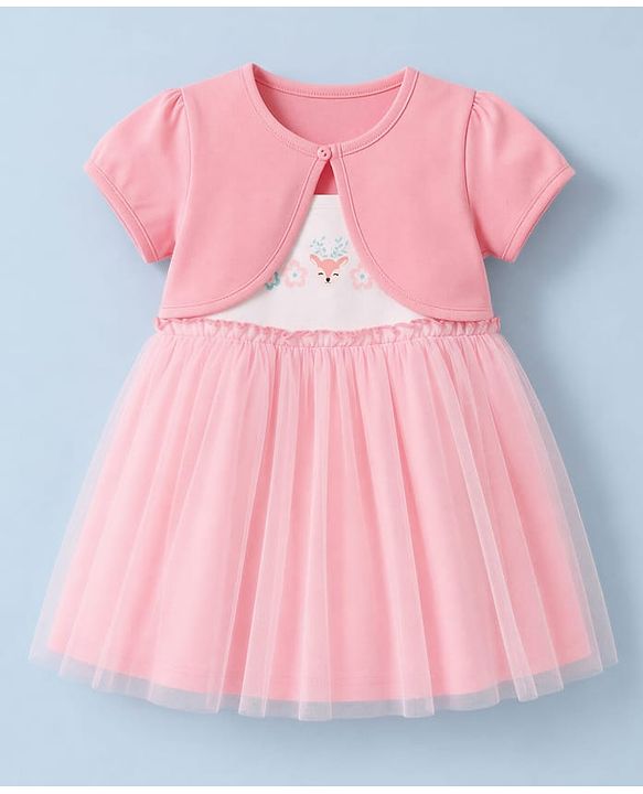 Babyhug Cotton Knit Half Sleeves Frock with Shrug & Deer Floral Print - Pink