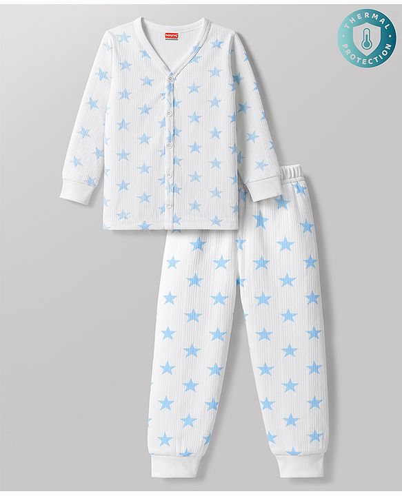 Babyhug Knit Full Sleeves Front Open Thermal Inner Wear Set with Star Print - White