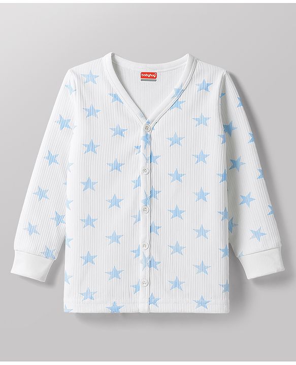 Babyhug Knit Full Sleeves Front Open Thermal Inner Wear Set with Star Print - White
