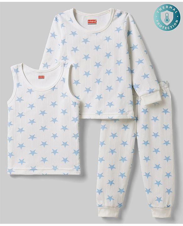 Babyhug Knit Full Sleeves Star Printed Thermal Wear Set with Vest - Off White