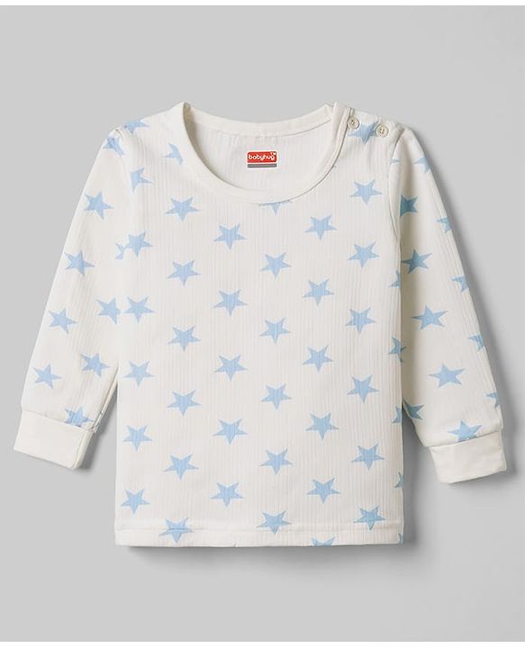 Babyhug Knit Full Sleeves Star Printed Thermal Wear Set with Vest - Off White