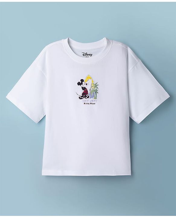 Pine Kids Disney Single Jersey Knit Half Sleeves T-Shirt with  Front & Back Mickey Mouse Graphic - White