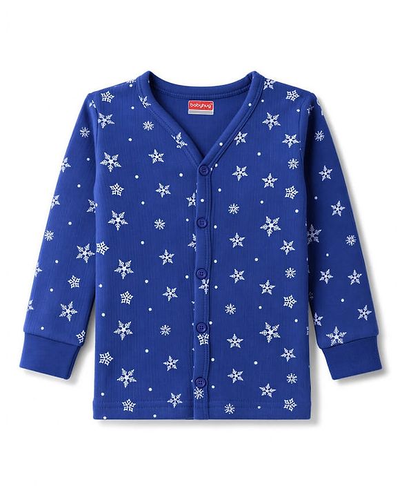 Babyhug Knit Full Sleeves Front Open Snow Flakes Printed Co-Ords Thermal Inner Wear Set - Blue