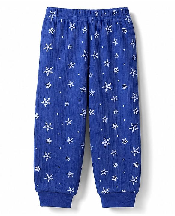 Babyhug Knit Full Sleeves Front Open Snow Flakes Printed Co-Ords Thermal Inner Wear Set - Blue