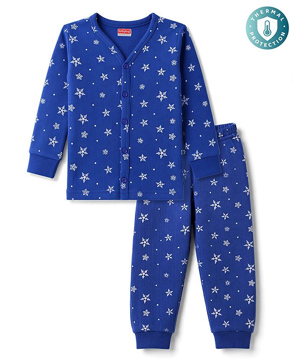 Babyhug Knit Full Sleeves Front Open Snow Flakes Printed Co-Ords Thermal Inner Wear Set - Blue