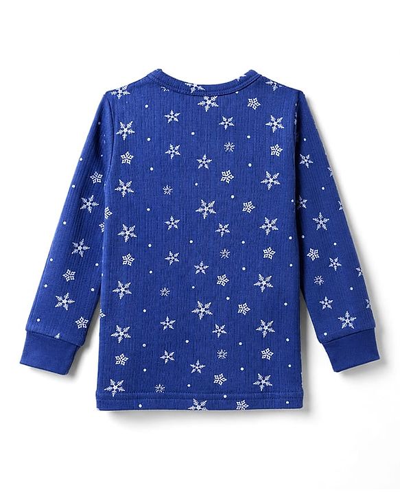 Babyhug Knit Full Sleeves Front Open Snow Flakes Printed Co-Ords Thermal Inner Wear Set - Blue