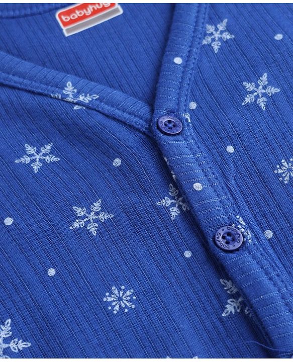 Babyhug Knit Full Sleeves Front Open Snow Flakes Printed Co-Ords Thermal Inner Wear Set - Blue