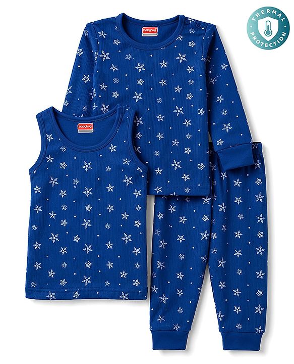 Babyhug Knit Full Sleeves Snowflakes Printed Thermal Pullover Vest & Leggings - Blue