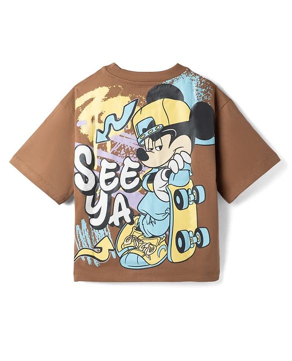 Pine Kids Disney Single Jersey Knit Half Sleeves Front & Back Mickey Mouse Printed T-Shirt - Tan