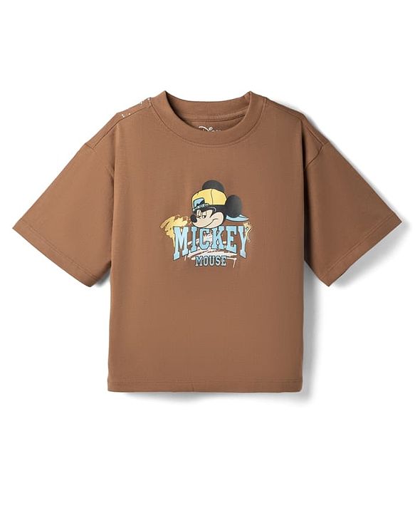 Pine Kids Disney Single Jersey Knit Half Sleeves Front & Back Mickey Mouse Printed T-Shirt - Tan