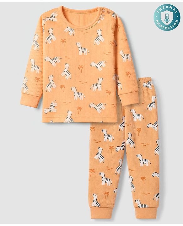 Babyhug Cotton Knit Full Sleeves Round neck Thermal Inner Wear With Zebra Print - Orange