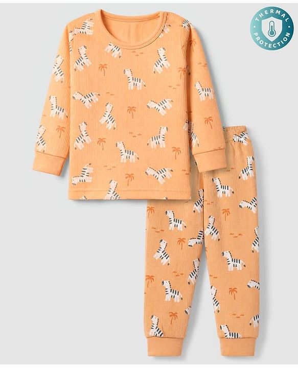Babyhug Cotton Knit Full Sleeves Round neck Thermal Inner Wear With Zebra Print - Orange