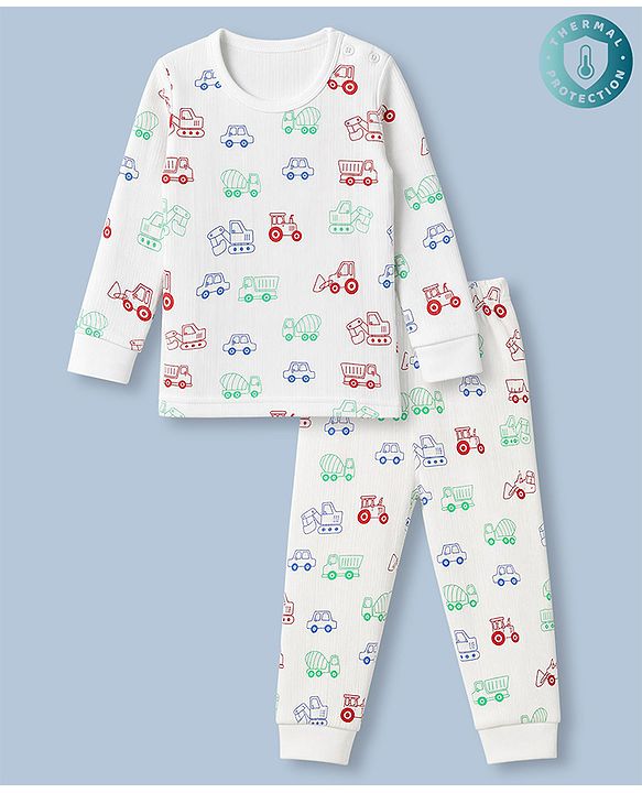 Babyhug  Knit Full Sleeves Thermal Inner Wear Set with JCB Print -  White