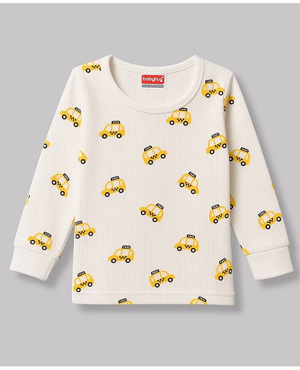 Babyhug Knit Full Sleeves Car Printed Thermal Wear Set - Off Whte