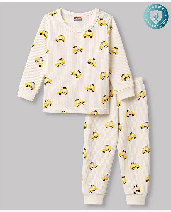 Babyhug Knit Full Sleeves Car Printed Thermal Wear Set - Off Whte