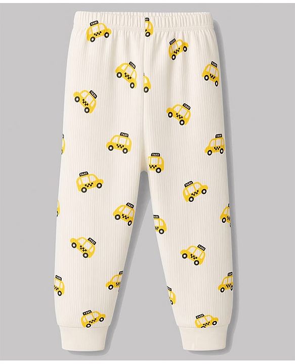 Babyhug Knit Full Sleeves Car Printed Thermal Wear Set - Off Whte