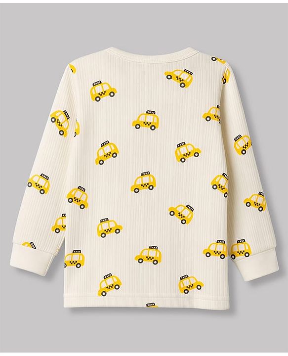 Babyhug Knit Full Sleeves Car Printed Thermal Wear Set - Off Whte