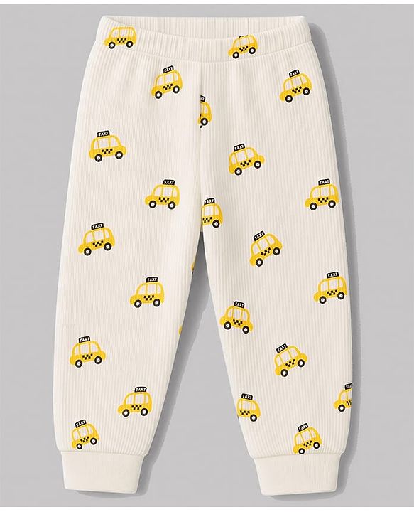Babyhug Knit Full Sleeves Car Printed Thermal Wear Set - Off Whte