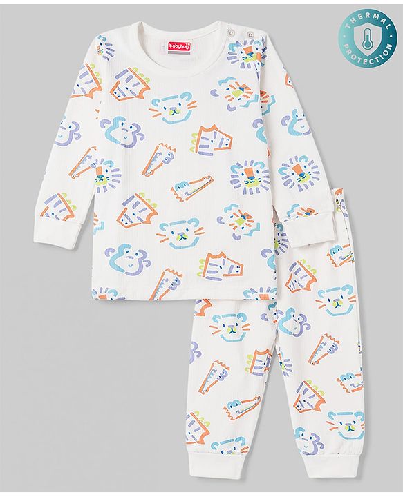 Babyhug Knit Full Sleeves Animal Printed Thermal Wear Set - OffWhite