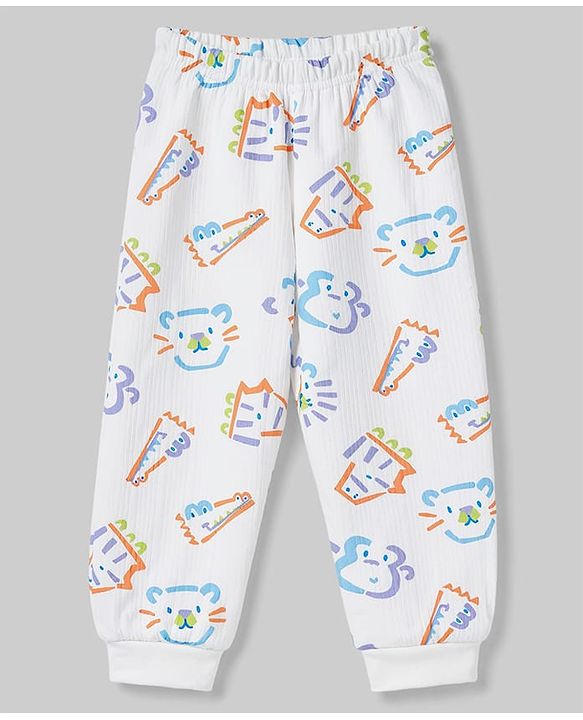 Babyhug Knit Full Sleeves Animal Printed Thermal Wear Set - OffWhite