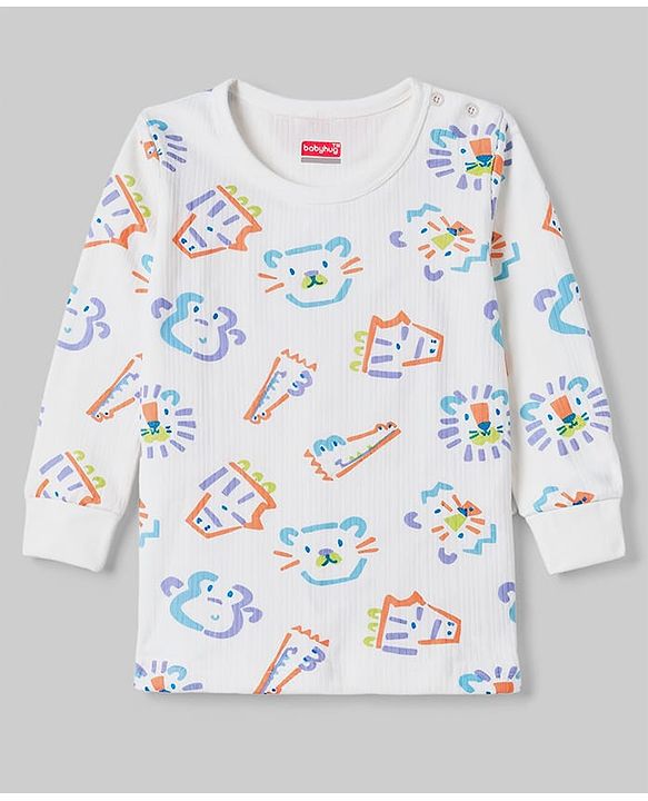 Babyhug Knit Full Sleeves Animal Printed Thermal Wear Set - OffWhite