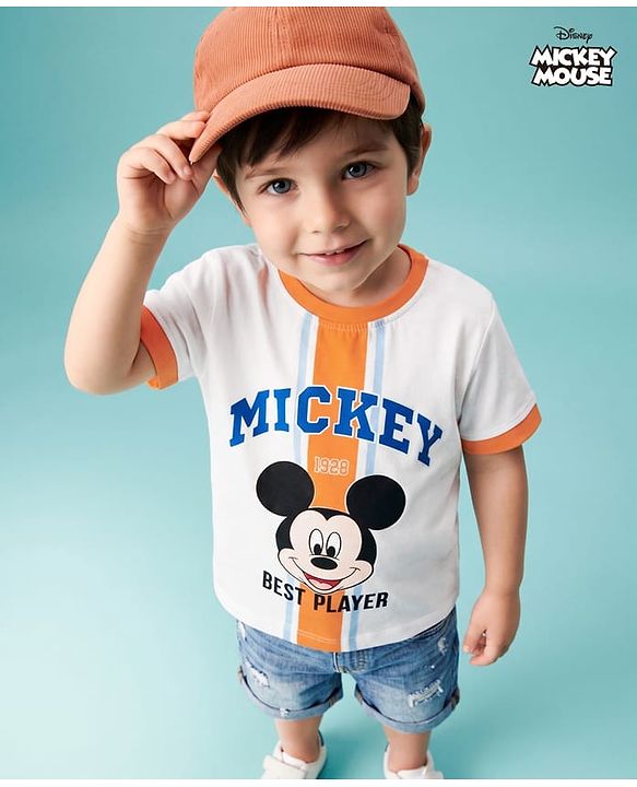 Babyhug Disney 100% Cotton Knit Half Sleeves T-Shirt With Mickey Mouse Graphic - White