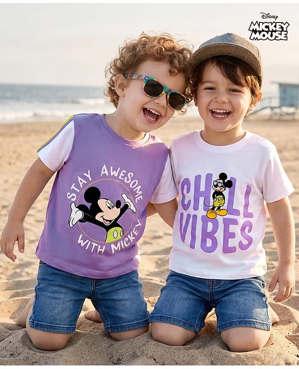Babyhug Disney Single Jersey Knit T-Shirts with Half Sleeves and Mickey Mouse Print Pack of 2  - White