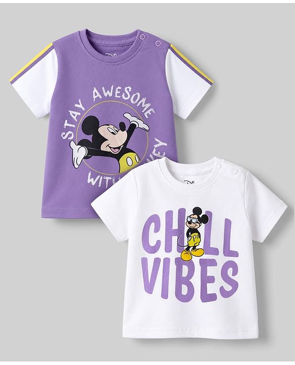Babyhug Disney Single Jersey Knit T-Shirts with Half Sleeves and Mickey Mouse Print Pack of 2  - White