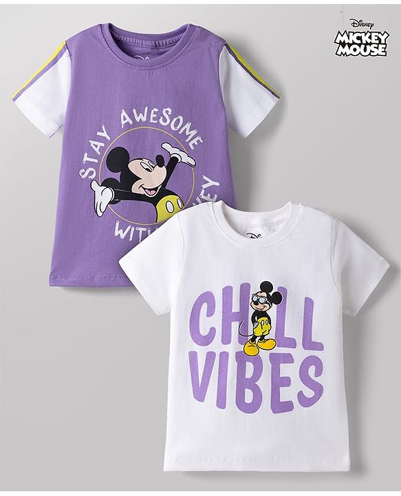 Babyhug Disney Single Jersey Knit T-Shirts with Half Sleeves and Mickey Mouse Print Pack of 2  - White
