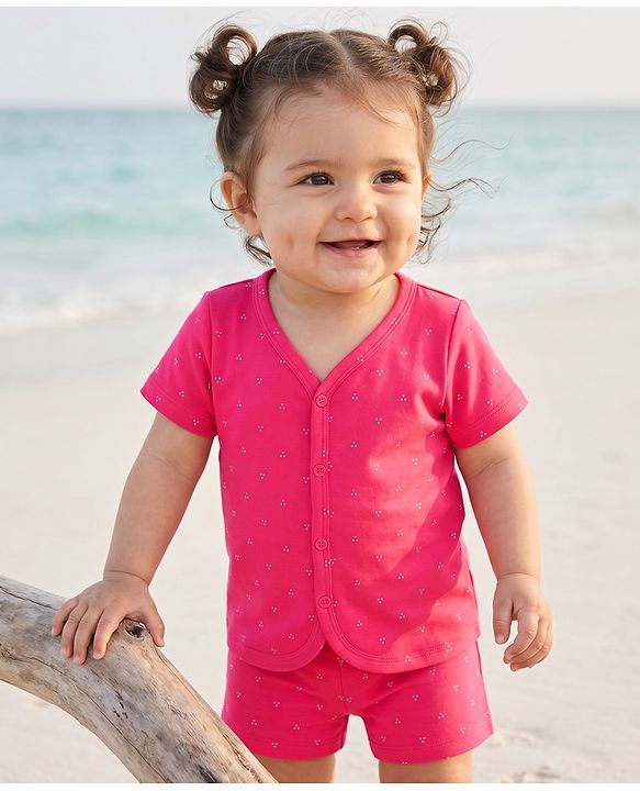 Babyhug 100% Cotton Single Jersey Knit Half Sleeves Printed Co-Ords T-Shirt & Shorts Set - Pink