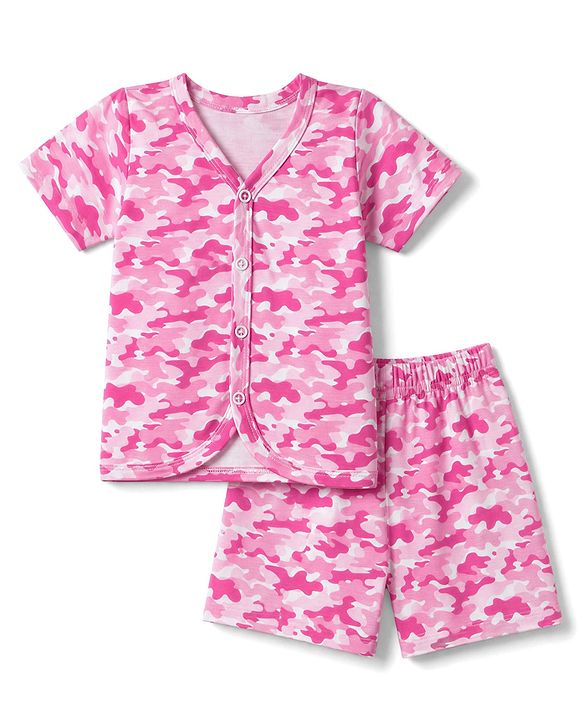 Babyhug 100% Cotton Single Jersey Knit Half Sleeves Co-Ords Camouflage Printed Top & Shorts Set - Pink