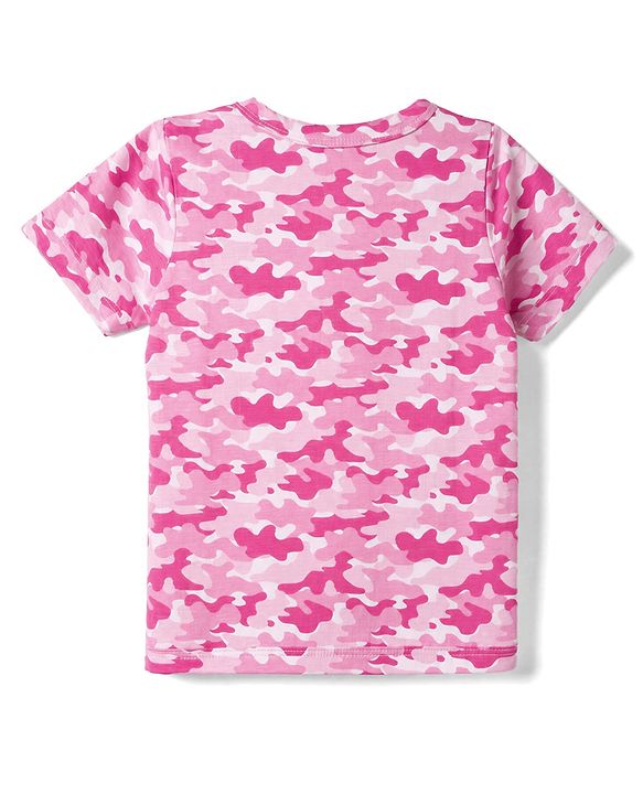 Babyhug 100% Cotton Single Jersey Knit Half Sleeves Co-Ords Camouflage Printed Top & Shorts Set - Pink