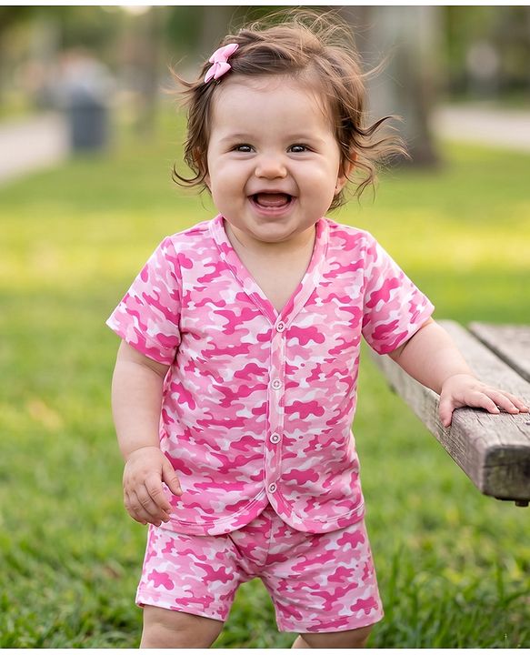 Babyhug 100% Cotton Single Jersey Knit Half Sleeves Co-Ords Camouflage Printed Top & Shorts Set - Pink