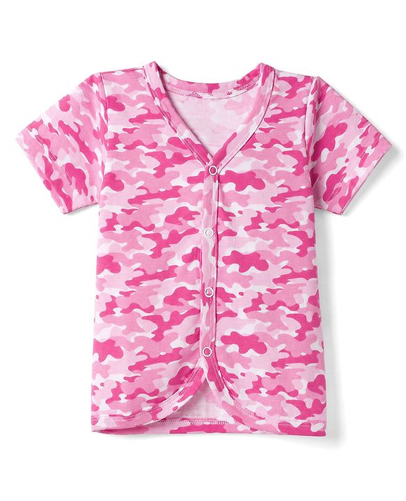 Babyhug 100% Cotton Single Jersey Knit Half Sleeves Co-Ords Camouflage Printed Top & Shorts Set - Pink