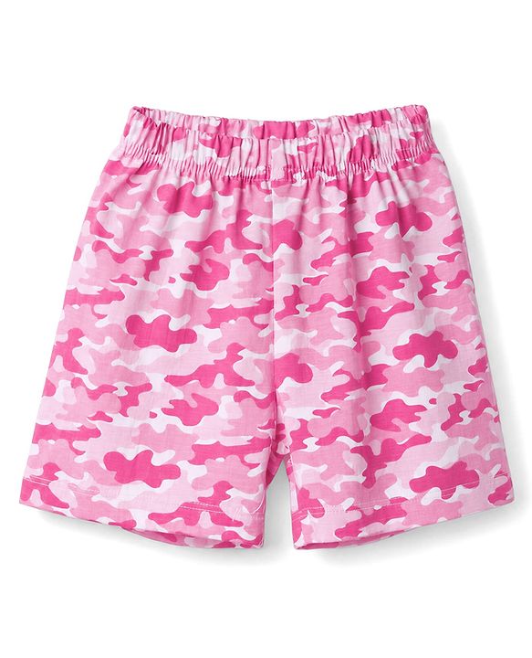 Babyhug 100% Cotton Single Jersey Knit Half Sleeves Co-Ords Camouflage Printed Top & Shorts Set - Pink