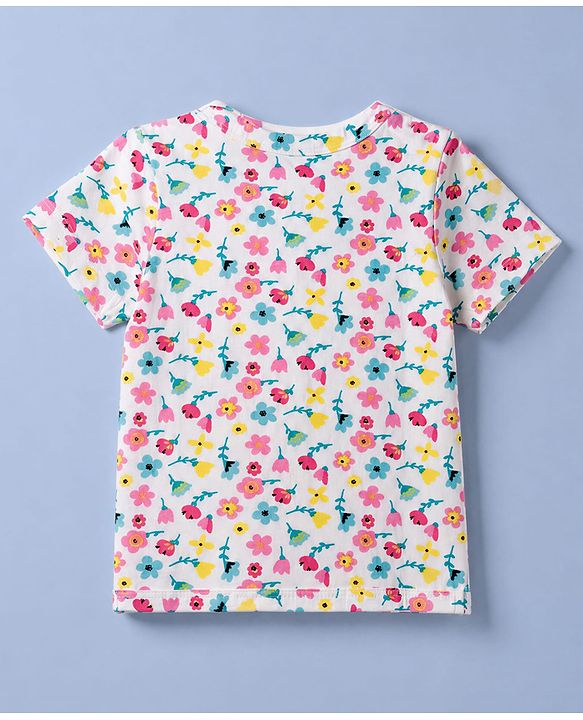 Babyhug 100% Cotton Single Jersey Knit Half Sleeves Co-Ords Floral Printed Top & Shorts Set - White
