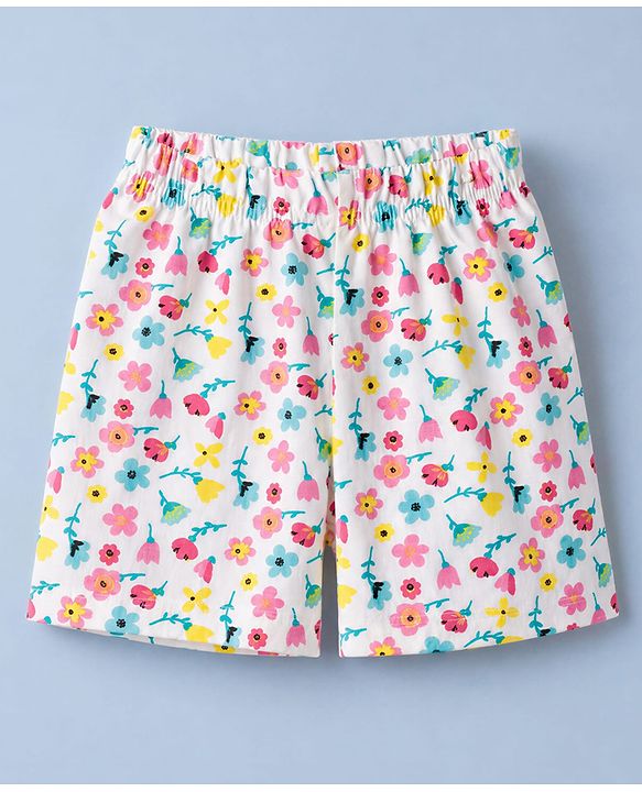 Babyhug 100% Cotton Single Jersey Knit Half Sleeves Co-Ords Floral Printed Top & Shorts Set - White