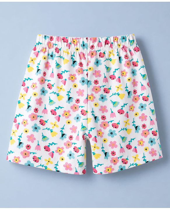 Babyhug 100% Cotton Single Jersey Knit Half Sleeves Co-Ords Floral Printed Top & Shorts Set - White