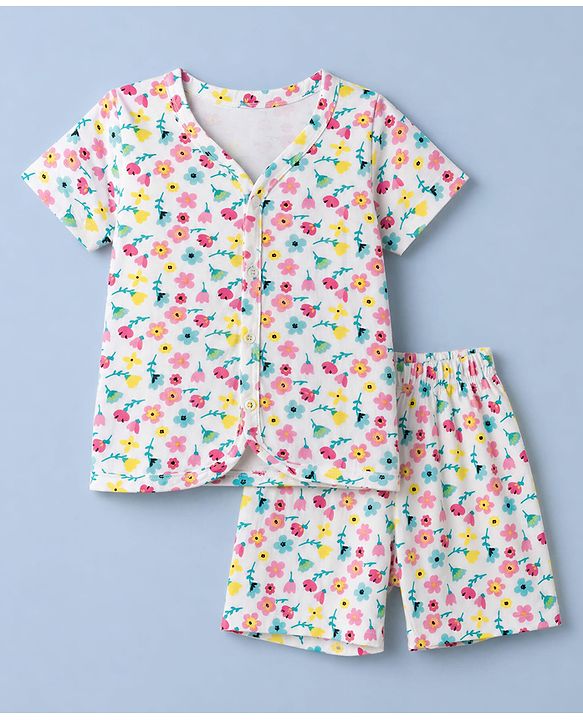 Babyhug 100% Cotton Single Jersey Knit Half Sleeves Co-Ords Floral Printed Top & Shorts Set - White