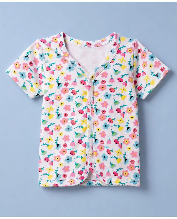 Babyhug 100% Cotton Single Jersey Knit Half Sleeves Co-Ords Floral Printed Top & Shorts Set - White