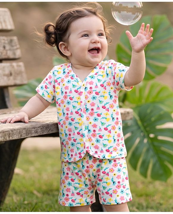 Babyhug 100% Cotton Single Jersey Knit Half Sleeves Co-Ords Floral Printed Top & Shorts Set - White