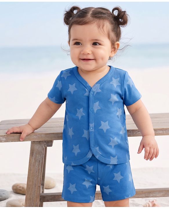 Babyhug 100% Cotton Single Jersey Knit Half Sleeves Co-Ords Star Printed Top & Shorts Set - Blue