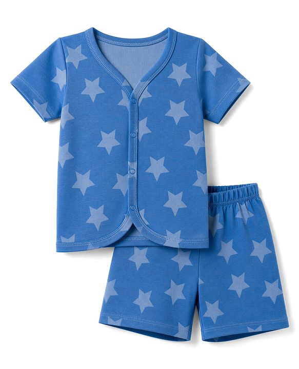 Babyhug 100% Cotton Single Jersey Knit Half Sleeves Co-Ords Star Printed Top & Shorts Set - Blue