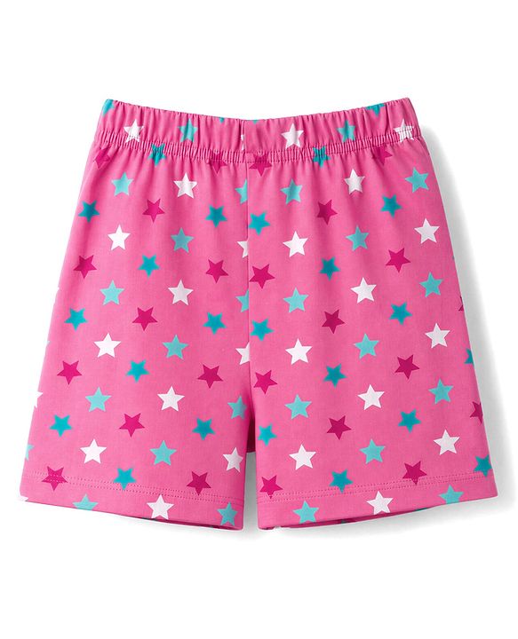 Babyhug 100% Cotton Single Jersey Knit Half Sleeves Co-Ords Star Printed Top & Shorts Set - Pink