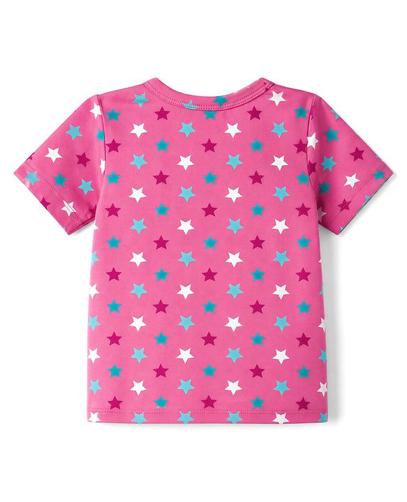 Babyhug 100% Cotton Single Jersey Knit Half Sleeves Co-Ords Star Printed Top & Shorts Set - Pink