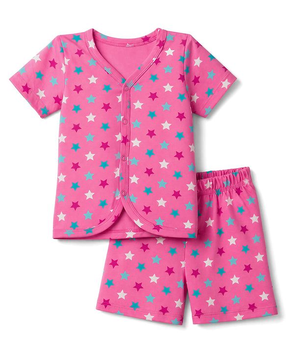 Babyhug 100% Cotton Single Jersey Knit Half Sleeves Co-Ords Star Printed Top & Shorts Set - Pink