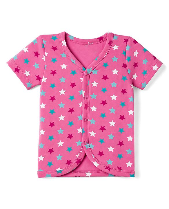 Babyhug 100% Cotton Single Jersey Knit Half Sleeves Co-Ords Star Printed Top & Shorts Set - Pink