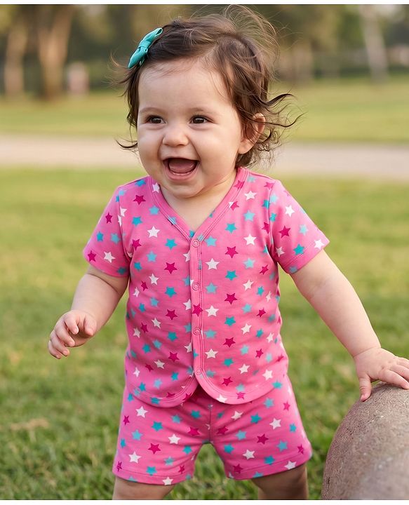 Babyhug 100% Cotton Single Jersey Knit Half Sleeves Co-Ords Star Printed Top & Shorts Set - Pink