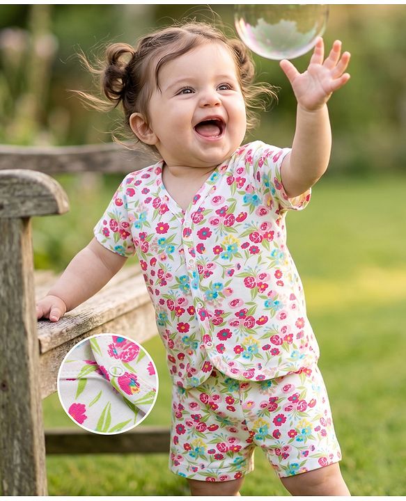 Babyhug 100% Cotton Single Jersey Knit Half Sleeves Floral Printed Co-Ords T-Shirt & Shorts Set - White