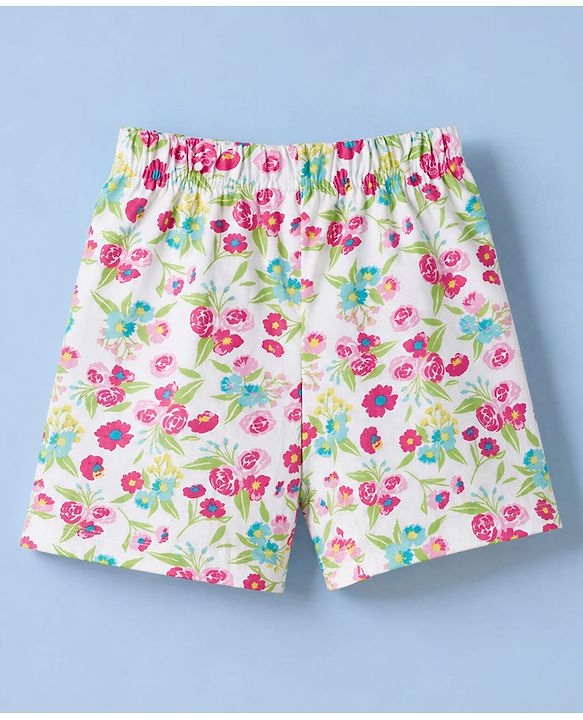 Babyhug 100% Cotton Single Jersey Knit Half Sleeves Floral Printed Co-Ords T-Shirt & Shorts Set - White